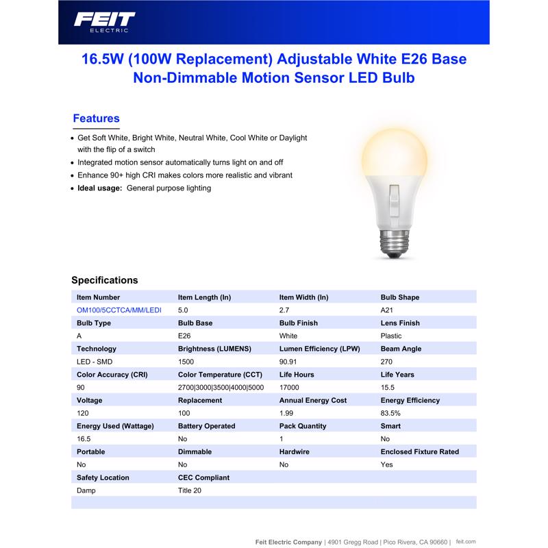 Feit A19 E26 (Medium) LED Motion Activated Bulb Adjustable White 100 Watt Equivalence