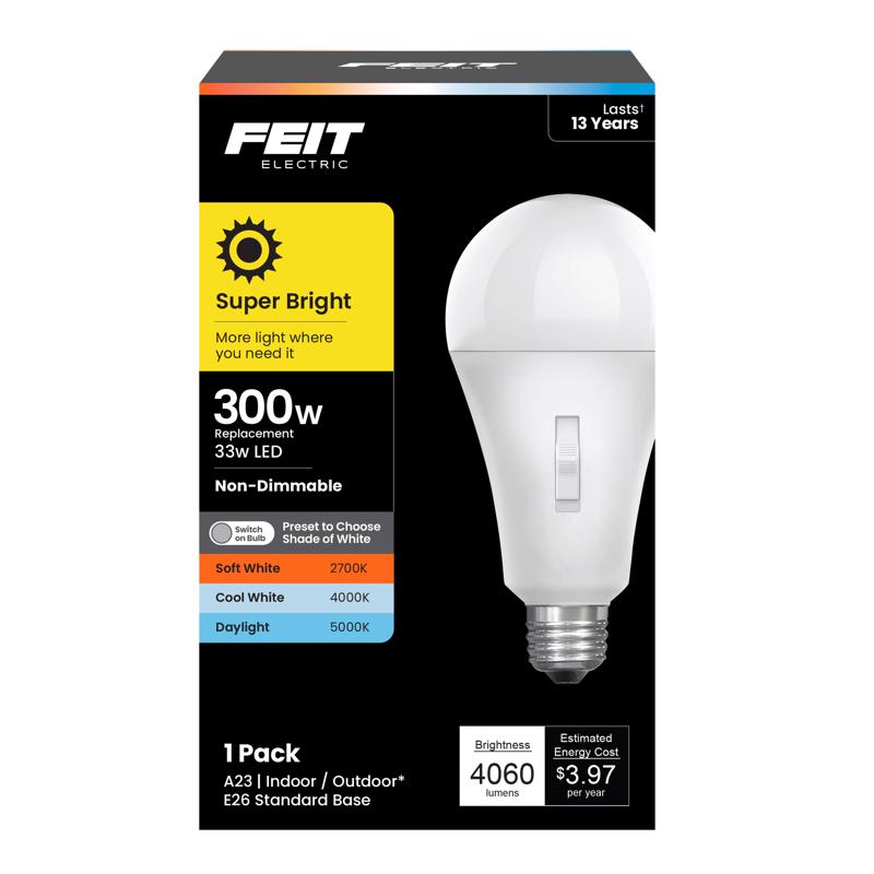 Feit A23 E26 (Medium) LED Bulb Adjustable White 300 Watt Equivalence