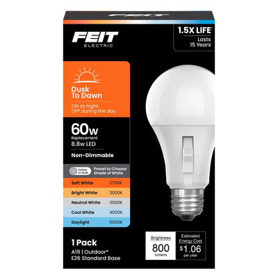 Feit A19 E26 (Medium) LED Dusk to Dawn Bulb Adjustable White 60 Watt Equivalence