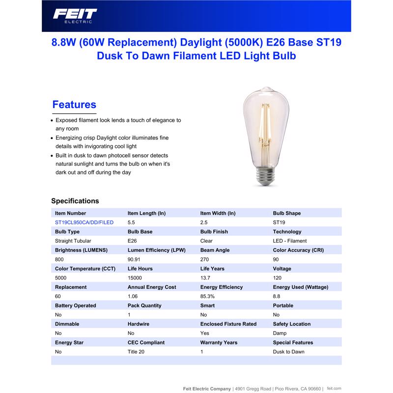 Feit ST19 E26 (Medium) LED Dusk to Dawn Bulb Daylight 60 Watt Equivalence