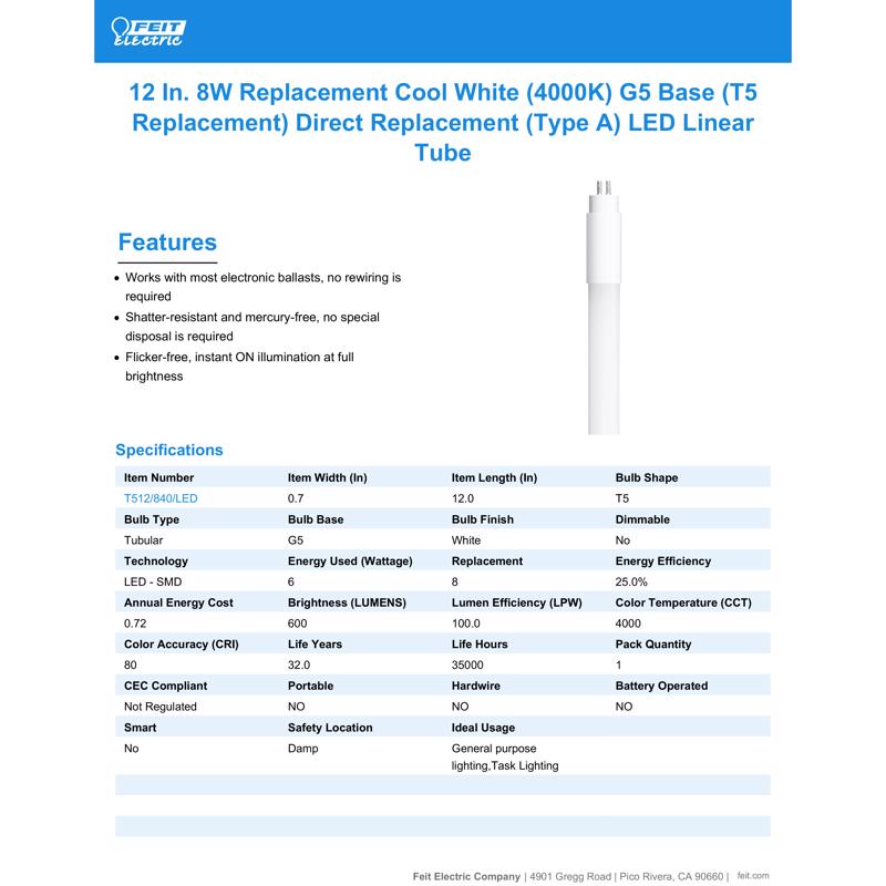 Feit T5 Cool White 12 in. Bi-pin Base Linear LED Linear Lamp 8 Watt Equivalence