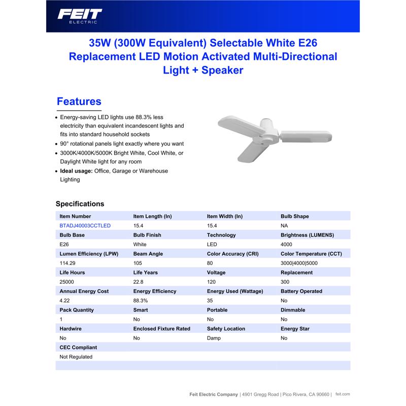 Feit Folding Panel E26 (Medium) LED Speaker Bulb Bright White 300 Watt Equivalence