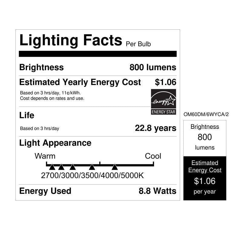 Feit A19 E26 (Medium) LED Bulb Adjustable White 60 Watt Equivalence 2 pk