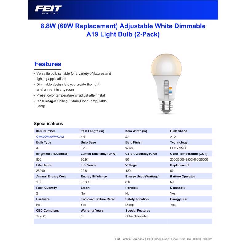 Feit A19 E26 (Medium) LED Bulb Adjustable White 60 Watt Equivalence 2 pk