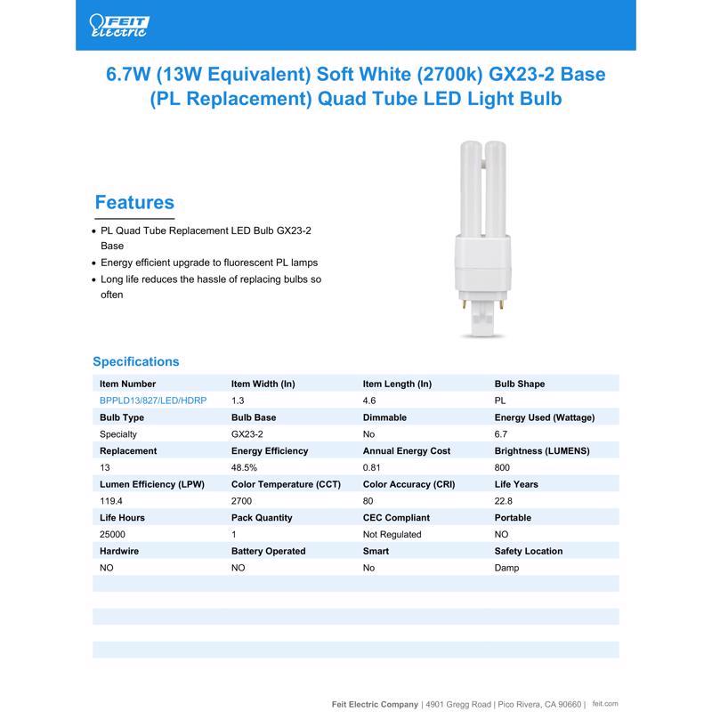 Feit Linear PL GX23-2 LED Tube Light Soft White 13 Watt Equivalence