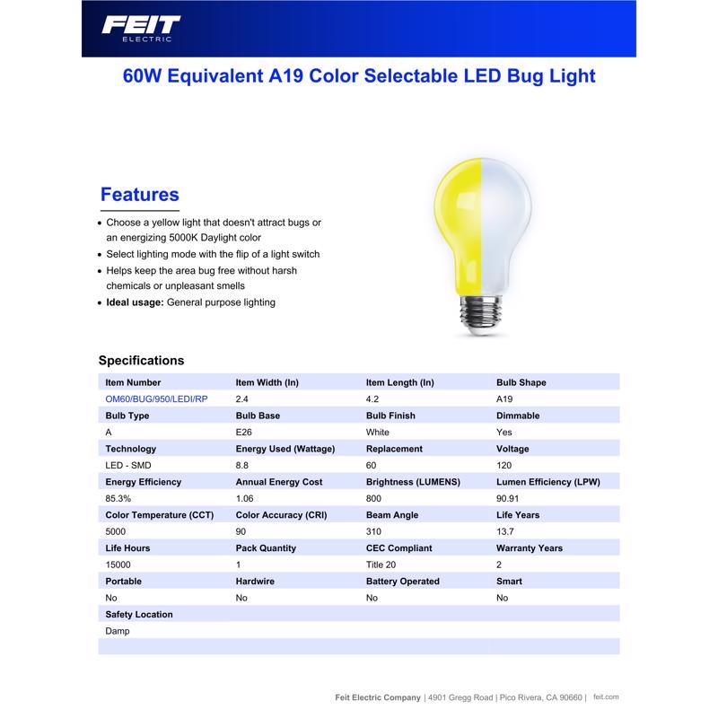 Feit A19 E26 (Medium) LED Bulb Yellow 60 Watt Equivalence