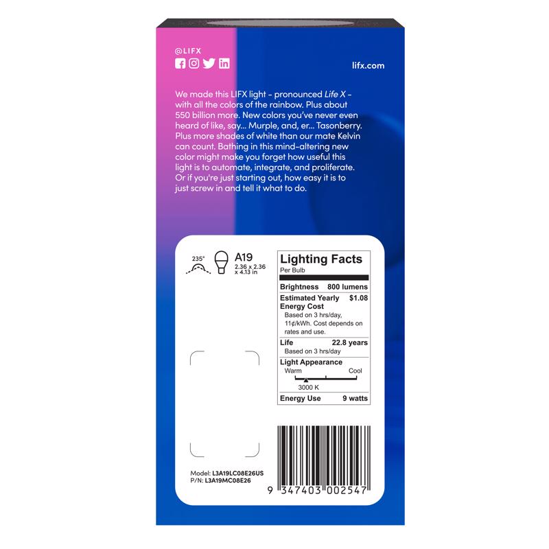 LIFX Smart Home A19 E26 (Medium) Smart-Enabled LED Bulb Color Changing 60 Watt Equivalence