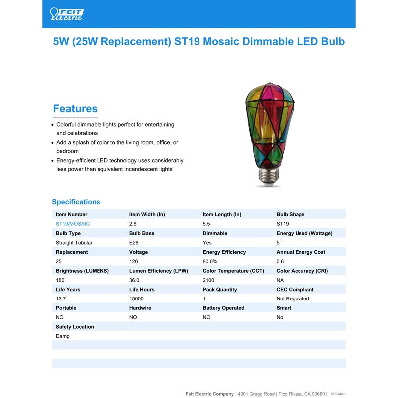 Feit ST19 E26 (Medium) Filament LED Bulb Multi-Colored 25 Watt Equivalence