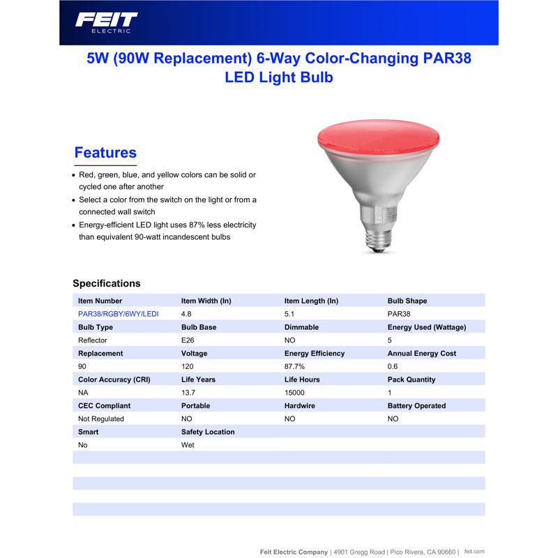 Feit PAR38 E26 (Medium) LED Floodlight Bulb Color Changing 90 Watt Equivalence