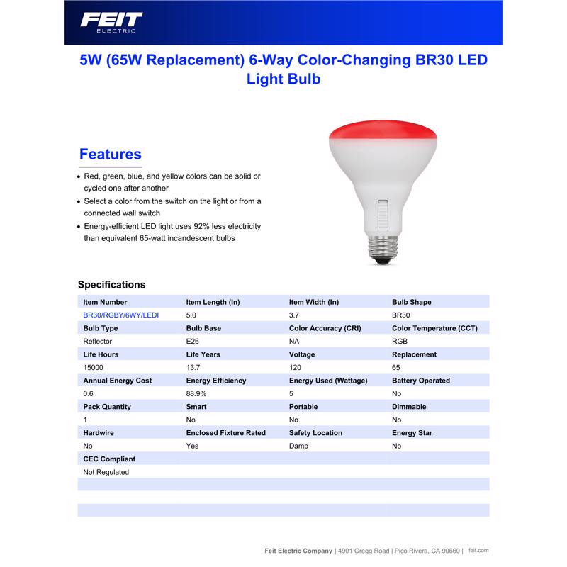 Feit BR30 E26 (Medium) Smart-Enabled LED Floodlight Bulb Color Changing 65 Watt Equivalence