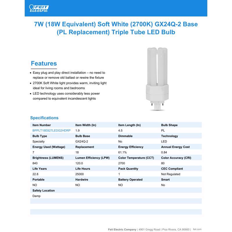 Feit Linear PL GX24Q-2 LED Bulb Soft White 18 Watt Equivalence