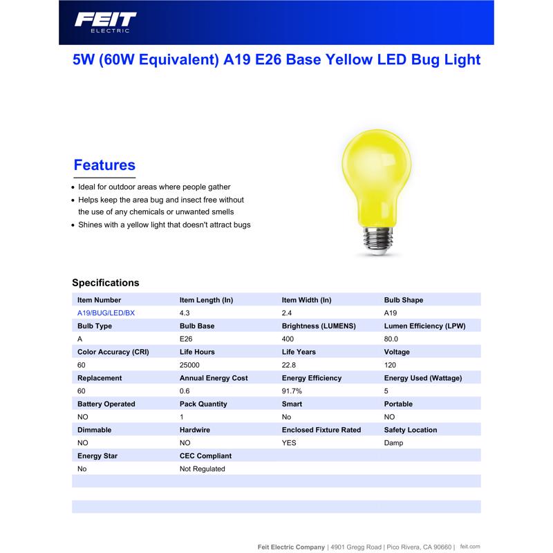 Feit A19 E26 (Medium) LED Bug Light Yellow 60 Watt Equivalence
