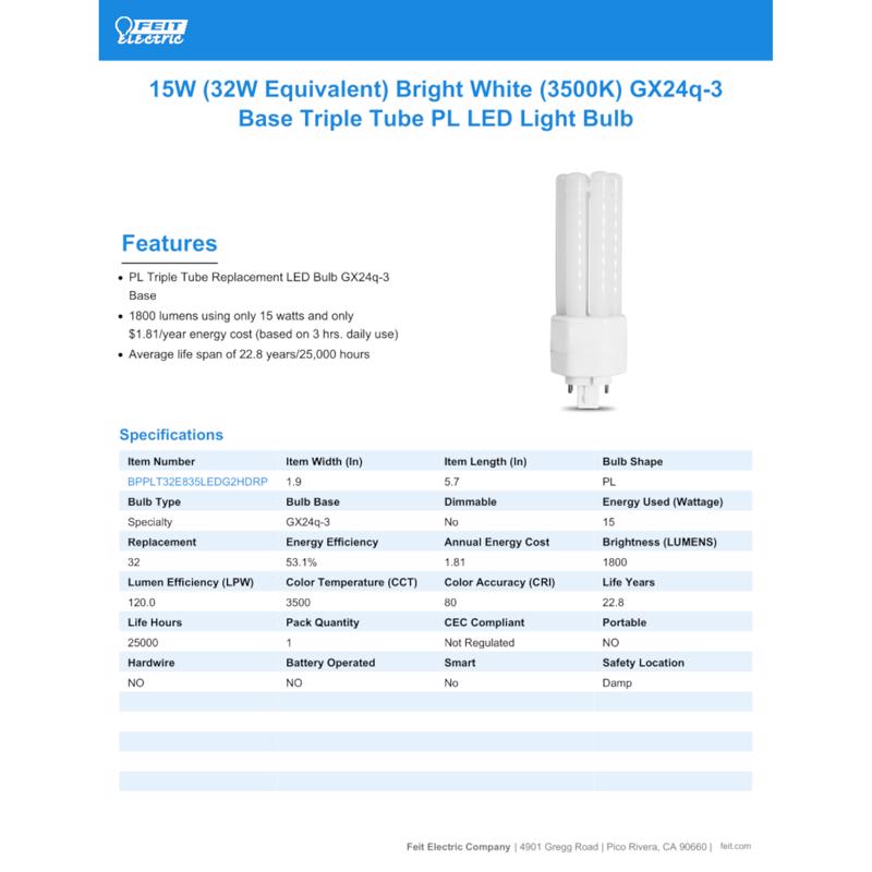 Feit Linear PL GX24Q-3 4-Pin LED Bulb Bright White 32 Watt Equivalence