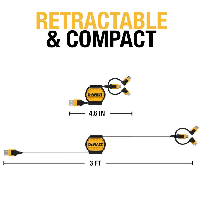 DeWalt USB to Micro to Type C 3-in-1 Cable 3 ft. Black/Yellow
