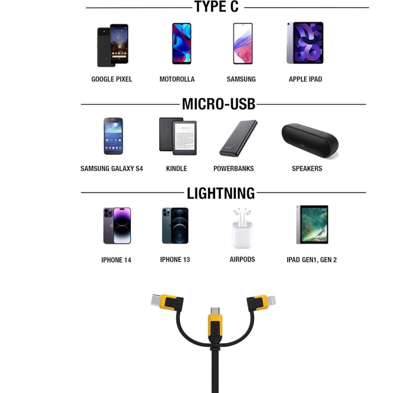 DeWalt USB to Micro to Type C 3-in-1 Cable 3 ft. Black/Yellow