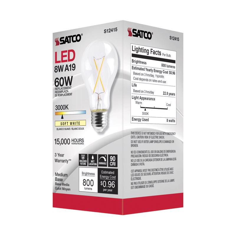 Satco A19 E26 (Medium) Filament LED Bulb Soft White 60 Watt Equivalence