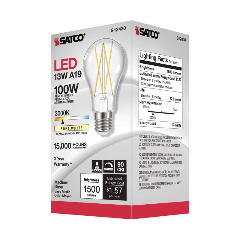 Satco A19 E26 (Medium) Filament LED Bulb Soft White 100 Watt Equivalence