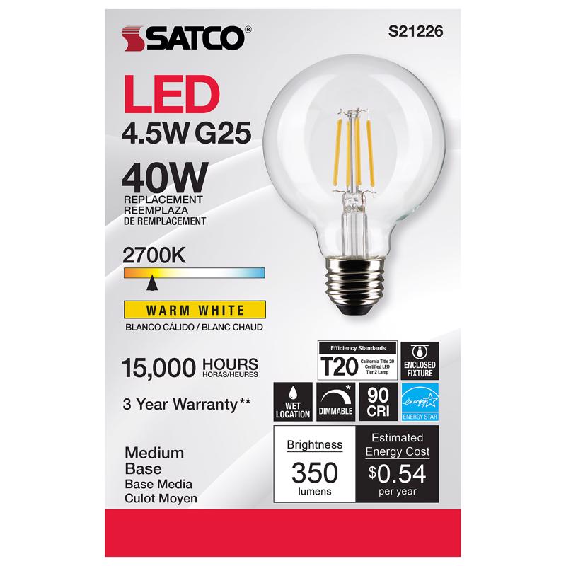 Satco G25 E26 (Medium) Filament LED Bulb Warm White 40 Watt Equivalence