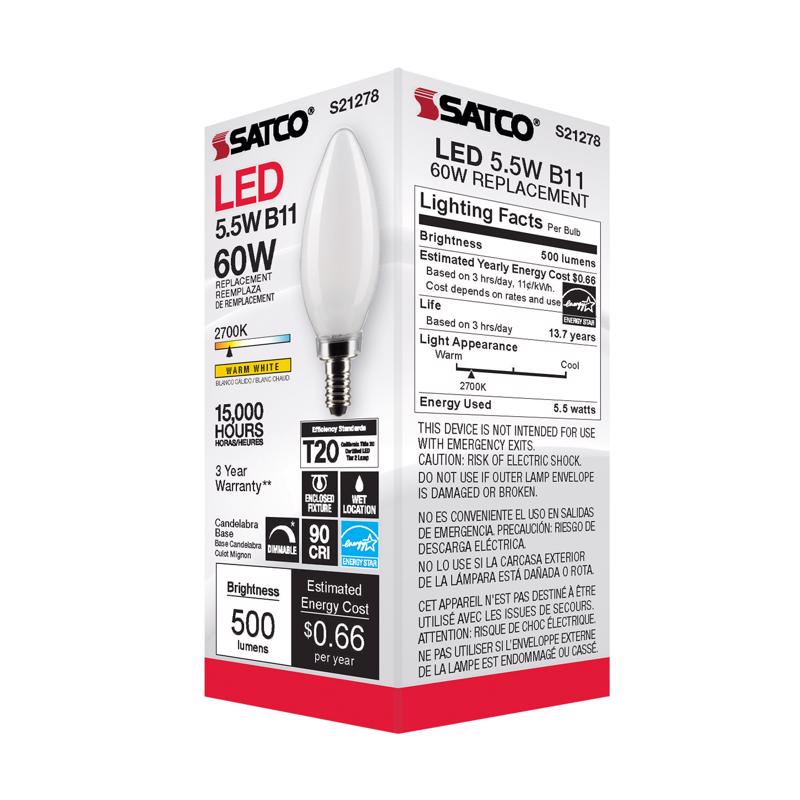 Satco B11 E12 (Candelabra) Filament LED Bulb Warm White 60 Watt Equivalence
