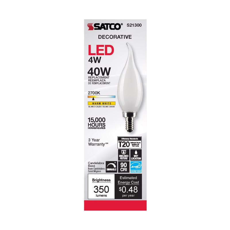 Satco CA10 (Flame Tip) E12 (Candelabra) Filament LED Bulb Warm White 40 Watt Equivalence
