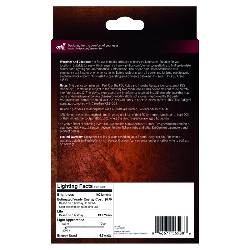 Philips G25 E26 (Medium) LED Bulb Amber 60 Watt Equivalence