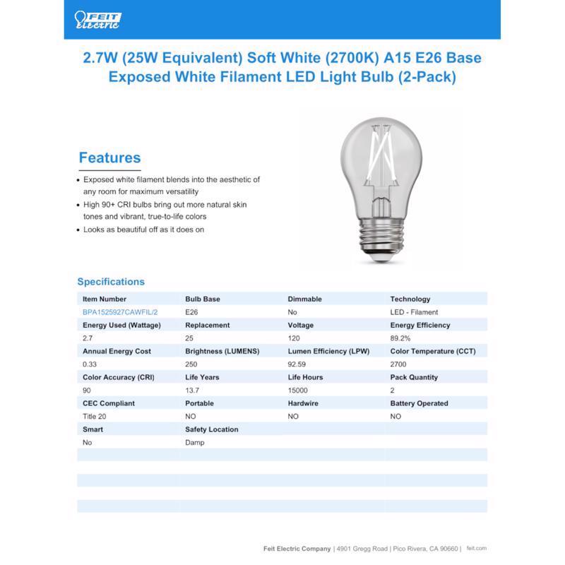 Feit White A15 E26 (Medium) Filament LED Bulb Soft White 25 Watt Equivalence 2 pk