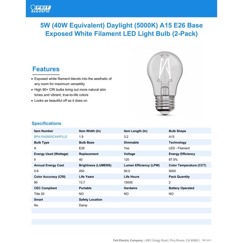 Feit White A15 E26 (Medium) Filament LED Bulb Daylight 40 Watt Equivalence 2 pk
