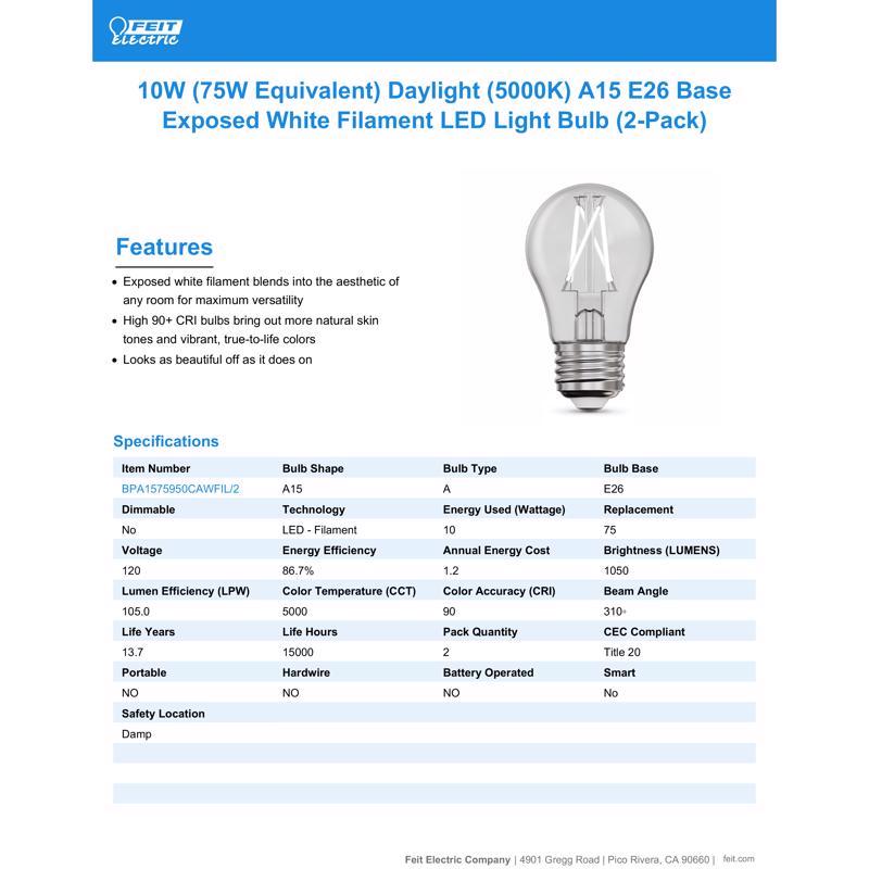 Feit White A15 E26 (Medium) Filament LED Bulb Daylight 75 Watt Equivalence 2 pk