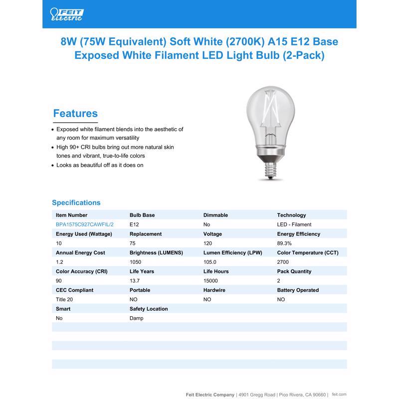 Feit White A15 E12 (Candelabra) Filament LED Bulb Soft White 75 Watt Equivalence 2 pk