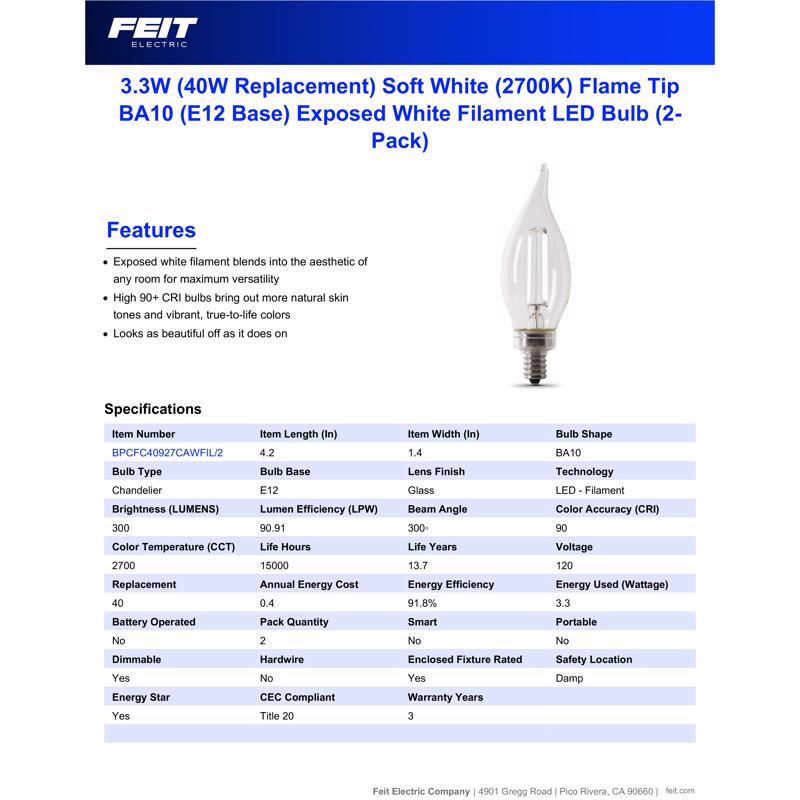 Feit White BA10 E12 (Candelabra) Filament LED Bulb Soft White 40 Watt Equivalence 2 pk