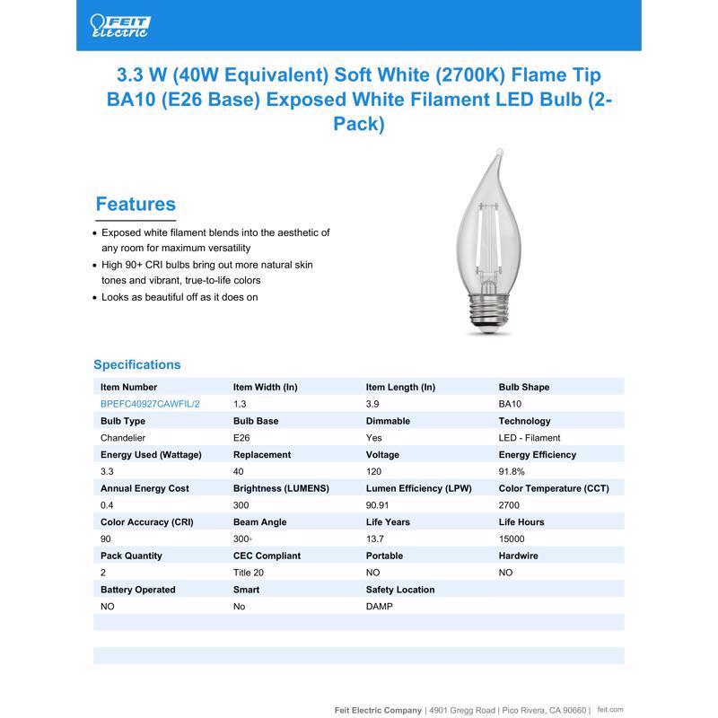 Feit White BA10 E26 (Medium) Filament LED Bulb Soft White 40 Watt Equivalence 2 pk