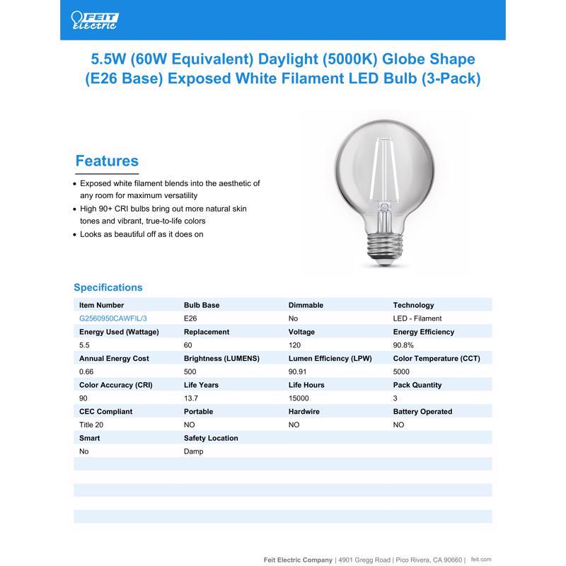 Feit White G25 E26 (Medium) Filament LED Bulb Daylight 60 Watt Equivalence 3 pk