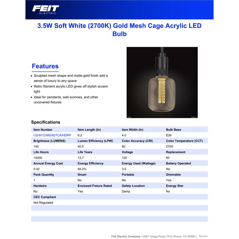 Feit Decorative E26 (Medium) Filament LED Bulb Soft White 60 Watt Equivalence