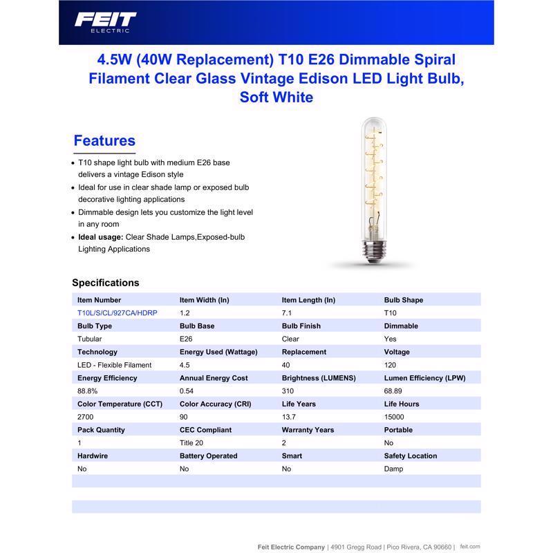 Feit T10 E26 (Medium) Filament LED Bulb Soft White 40 Watt Equivalence