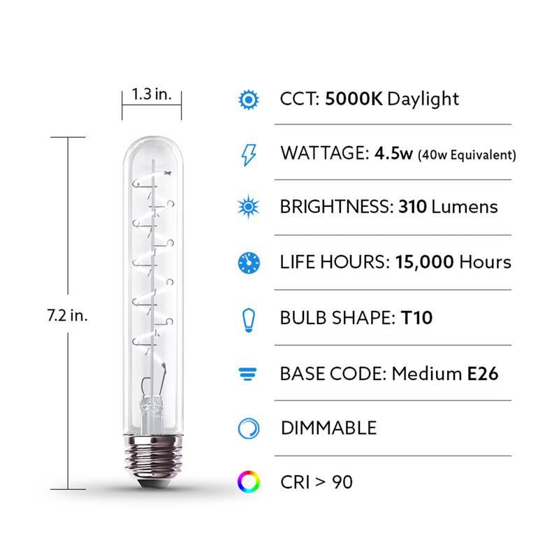 Feit T10 E26 (Medium) Filament LED Bulb Daylight 40 Watt Equivalence