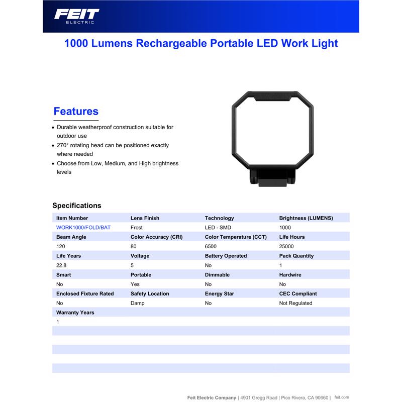 Feit 1000 lm LED Rechargeable Stand (H or Scissor) Folding Worklight