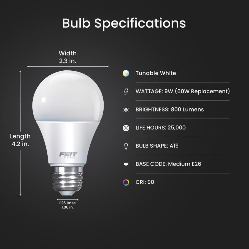 Feit A19 E26 (Medium) Smart-Enabled LED Bulb Adjustable White 60 Watt Equivalence