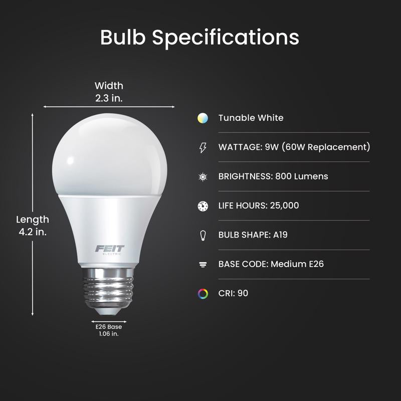 Feit A19 E26 (Medium) Smart-Enabled LED Bulb Adjustable White 60 Watt Equivalence 3 pk