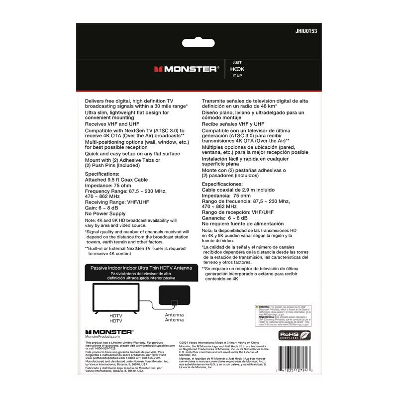 Monster Just Hook It Up Indoor HDTV/UHF/VHF Ultra Thin Digital Flat Antenna