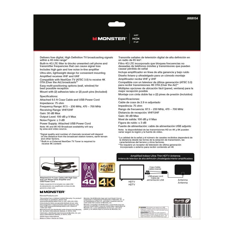 Monster Just Hook It Up Indoor HDTV/UHF/VHF Ultra Thin Amplified Digital Flat Antenna
