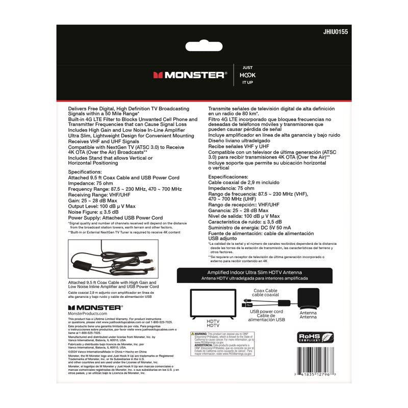 Monster Just Hook It Up Indoor and Outdoor FM/HDTV/UHF/VHF Ultra Thin Amplified Antenna