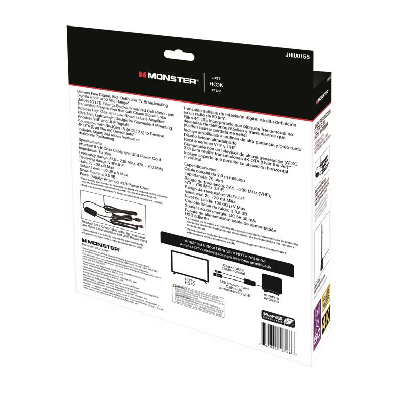 Monster Just Hook It Up Indoor and Outdoor FM/HDTV/UHF/VHF Ultra Thin Amplified Antenna