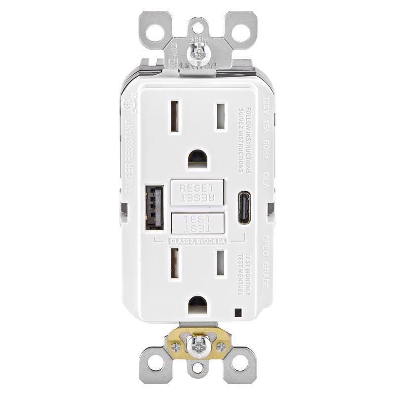 Leviton 15 amps 125 V GFCI White Outlet and USB Charger 5-15R