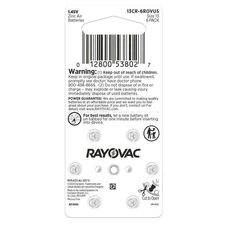 Rayovac Zinc Air 13 1.45 V Hearing Aid Battery 6 pk