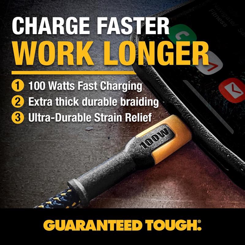 DeWalt Type C to Type C Cable 4 ft. Black/Yellow