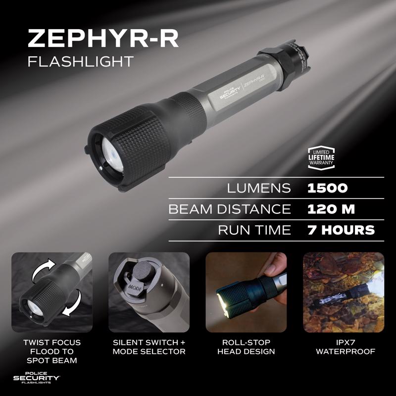 Police Security Zephyr-R Tactical 1500 lm Black/Gray LED Flashlight 18650 Battery