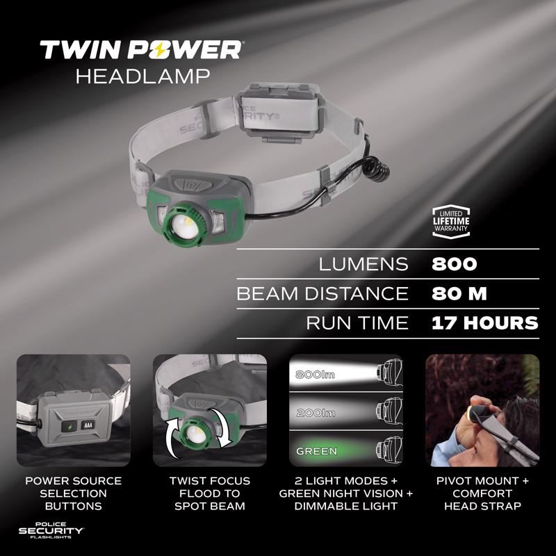 Police Security Twin Power 800 lm Gray/Green LED Head Lamp AAA Battery