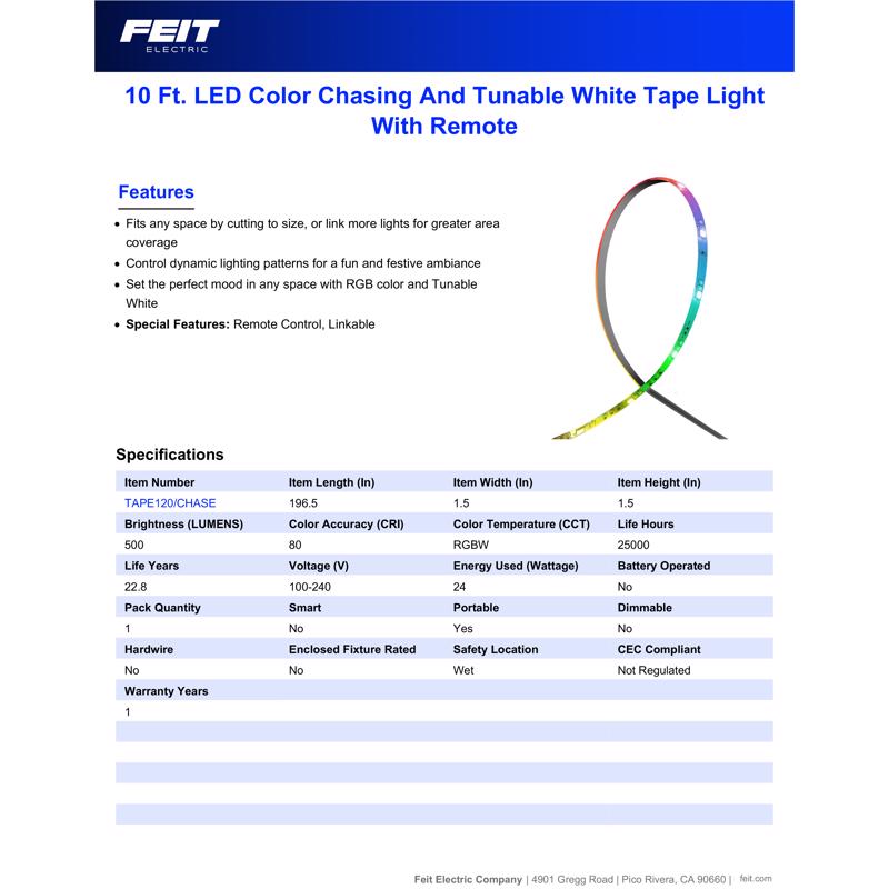 Feit 10 ft. L Color Changing Plug-In LED Tape Light