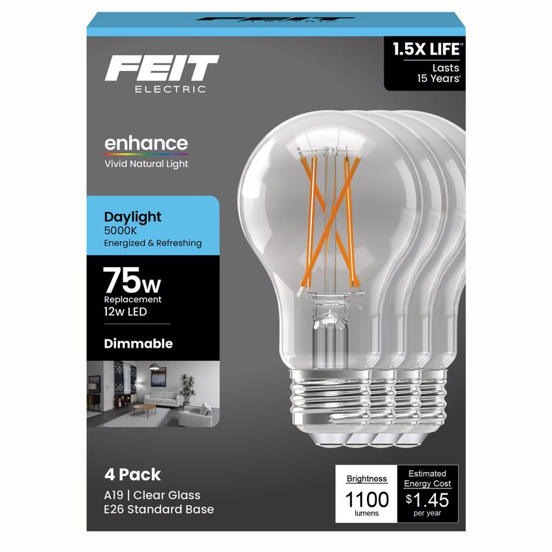 Feit A19 E26 (Medium) Filament LED Bulb Daylight 75 Watt Equivalence 4 pk
