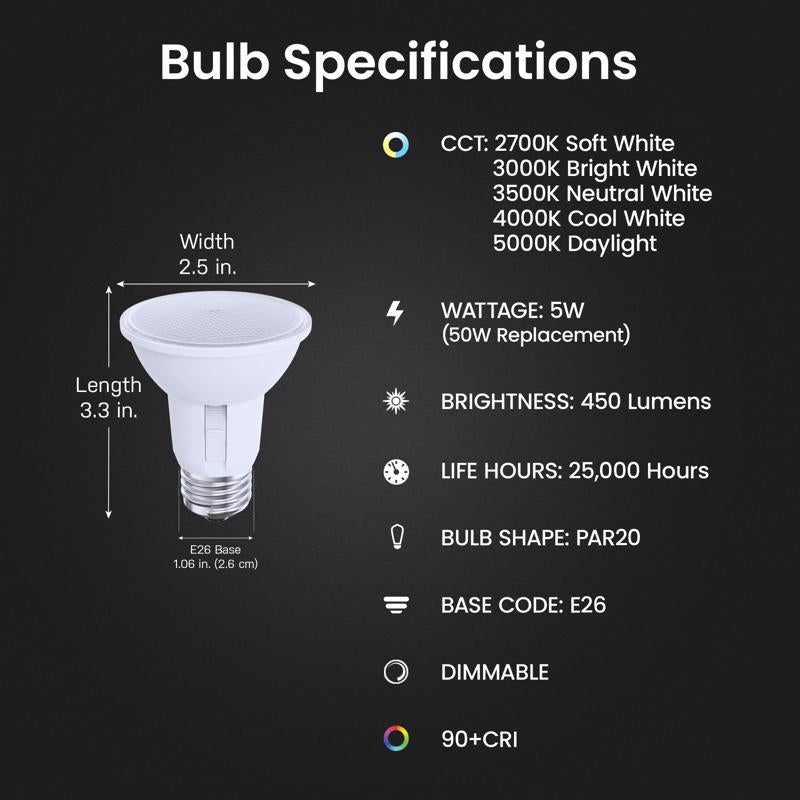 Feit PAR20 E26 (Medium) Smart-Enabled LED Bulb Adjustable White 50 Watt Equivalence